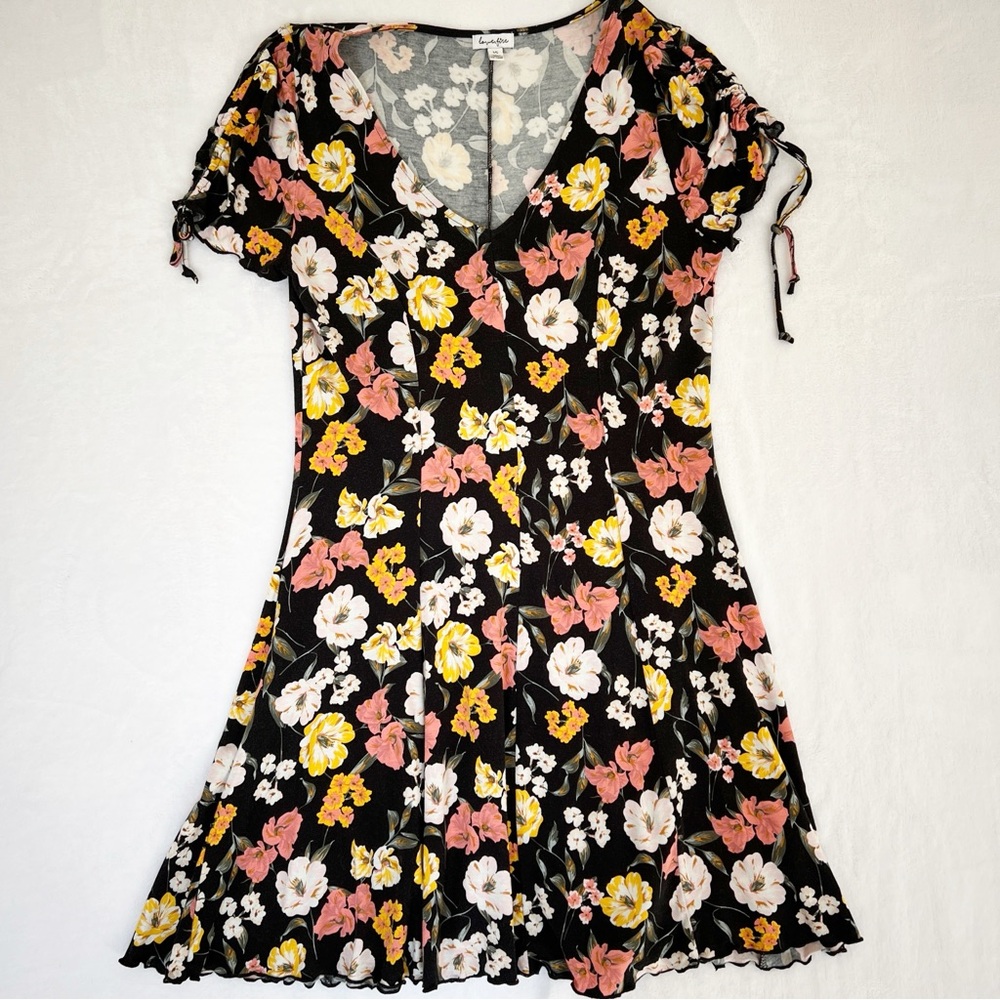 Love, Fire Black Floral Print Dress Large Feminine Dress